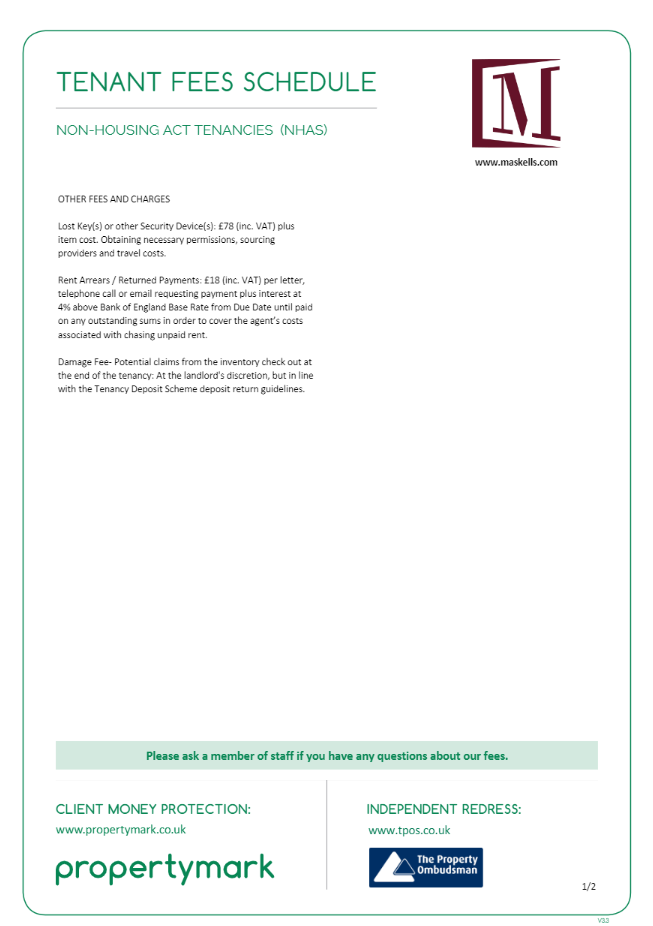 Tenant fees schedule nhas